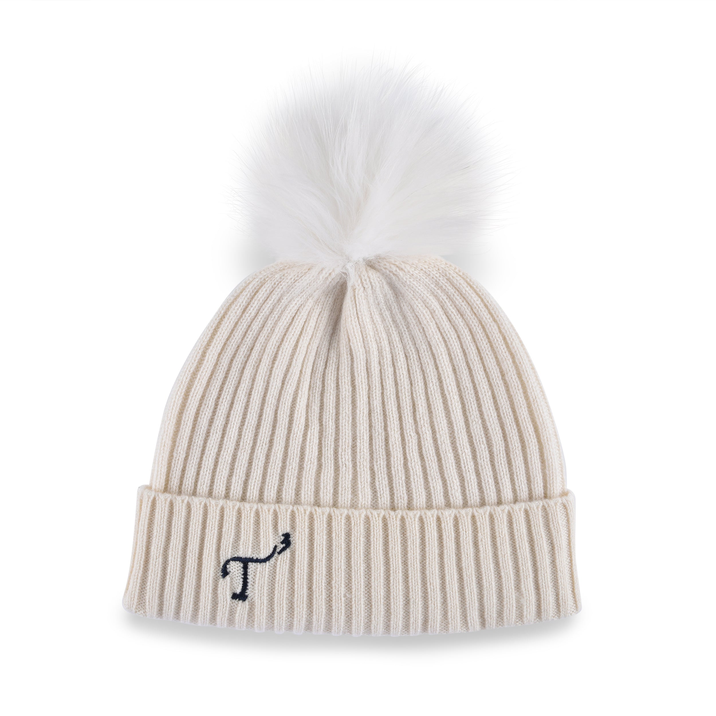 Women's white, cashmere, knitted, beanie with white faux fur pom top and navy, embroidered T3 logo.