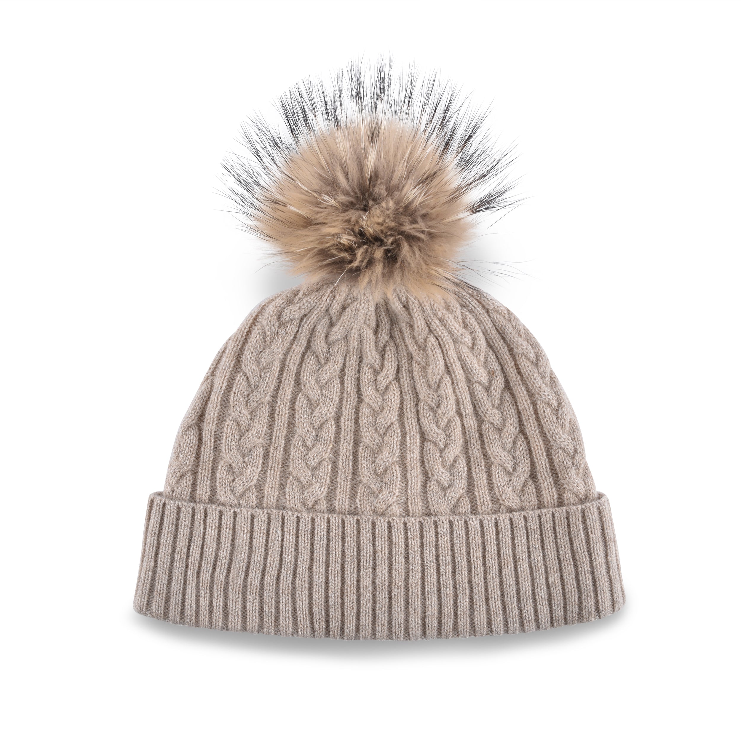 Women's beige, cashmere, knitted, beanie with light brown faux fur pom top.