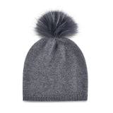 Women's cashmere, knitted, beanie in charcoal with gray faux fur pom top.