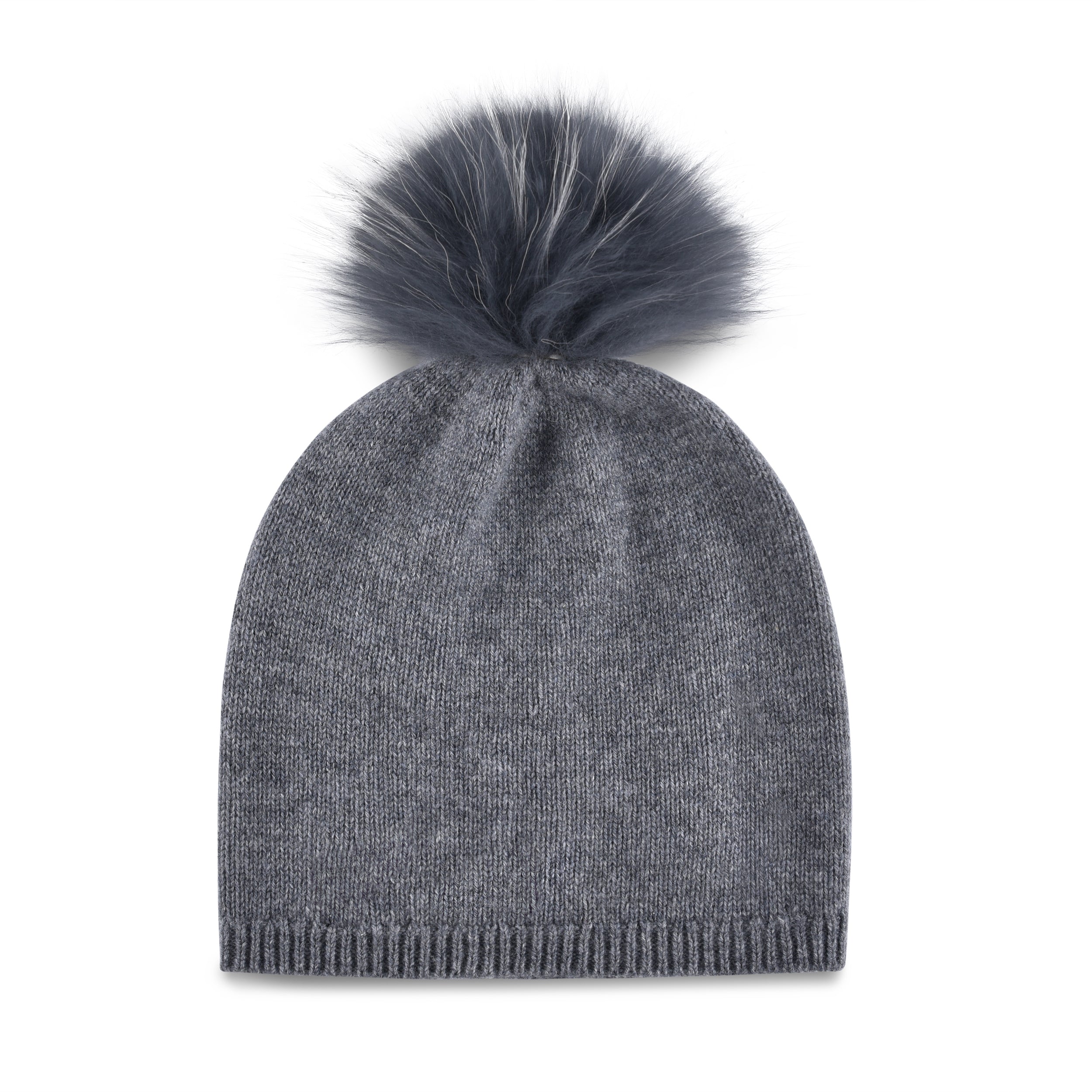 Women's cashmere, knitted, beanie in charcoal with gray faux fur pom top.