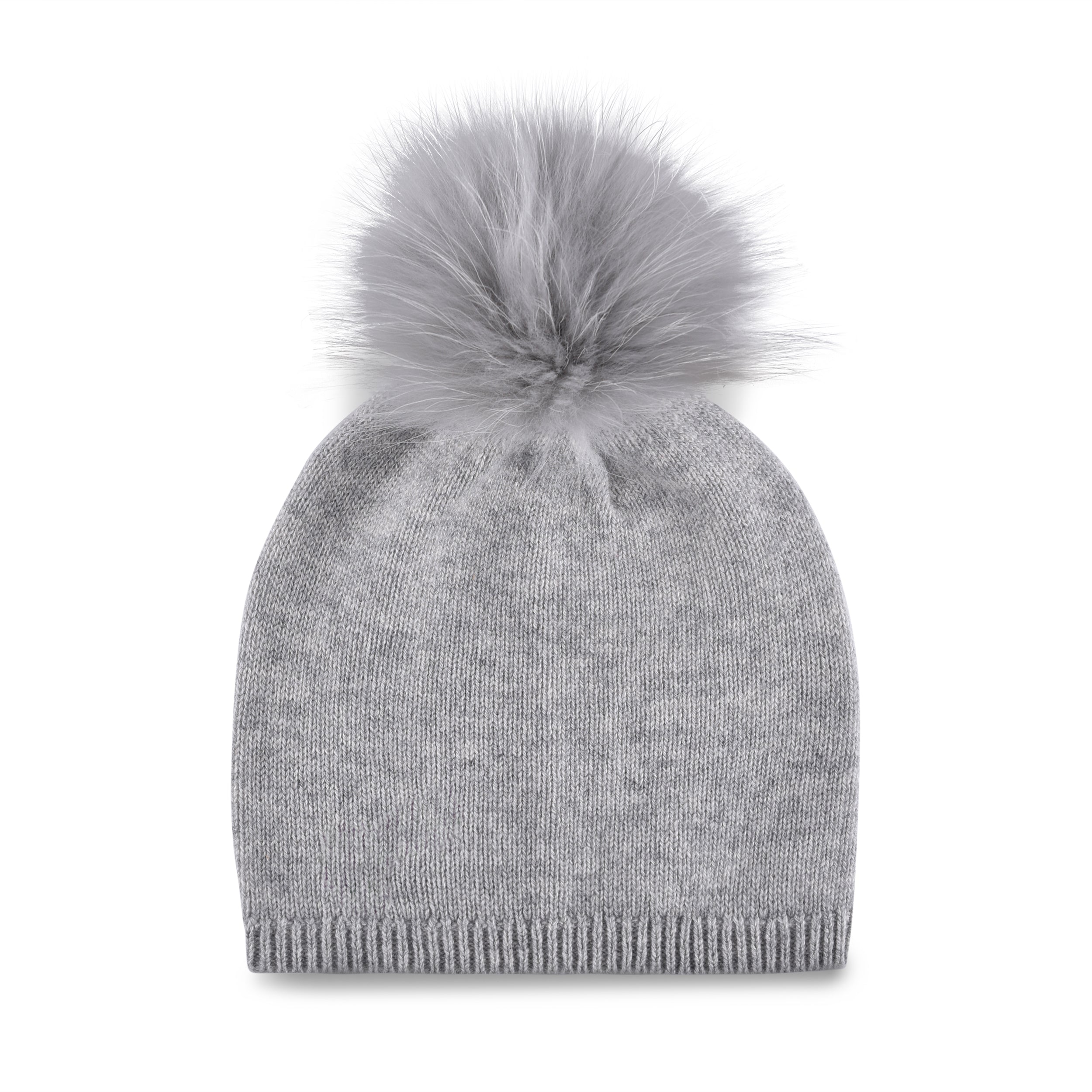 Women's cashmere, knitted, beanie in light gray with light gray faux fur pom top.