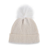 Women's white, cashmere, knitted, beanie with white faux fur pom top.