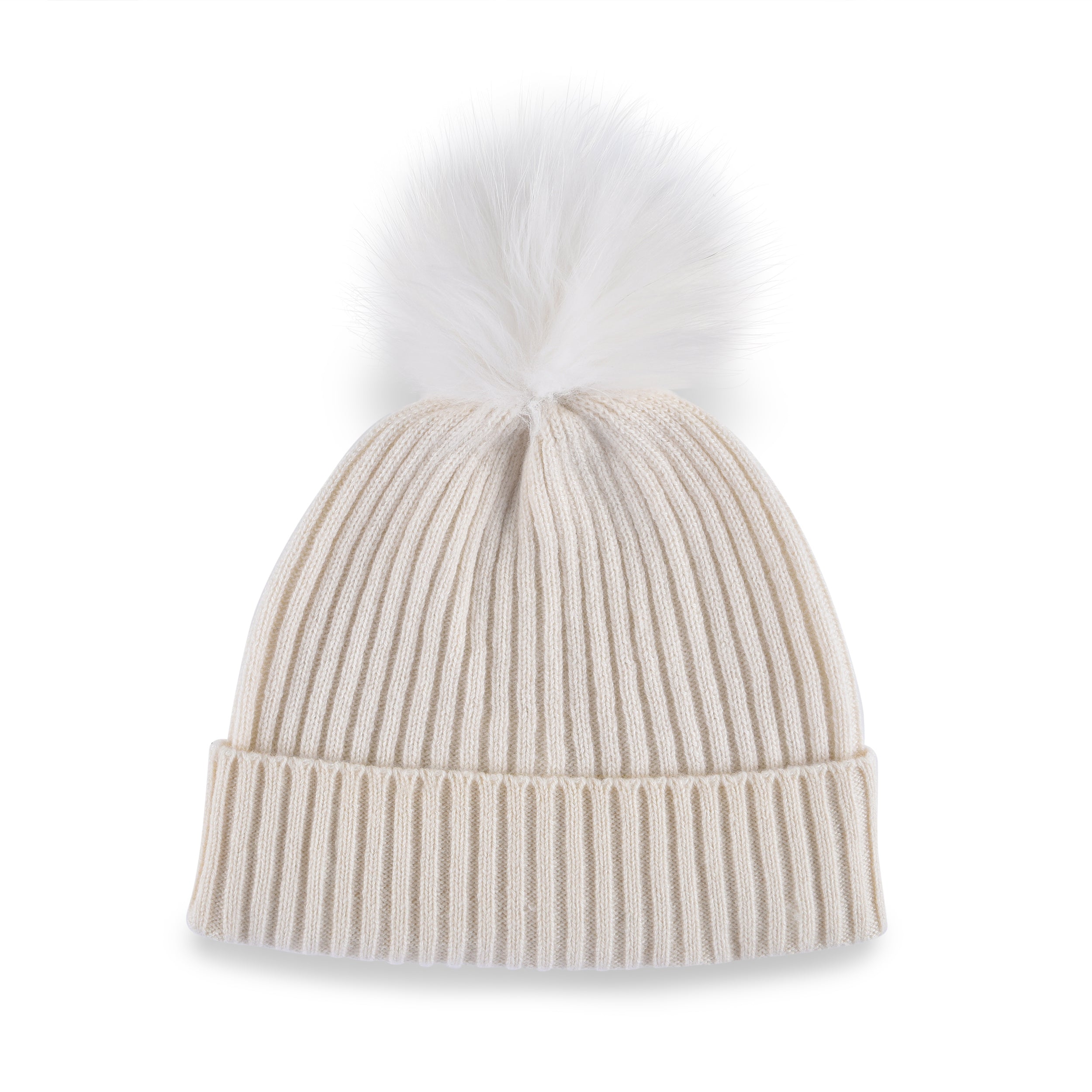 Women's white, cashmere, knitted, beanie with white faux fur pom top.