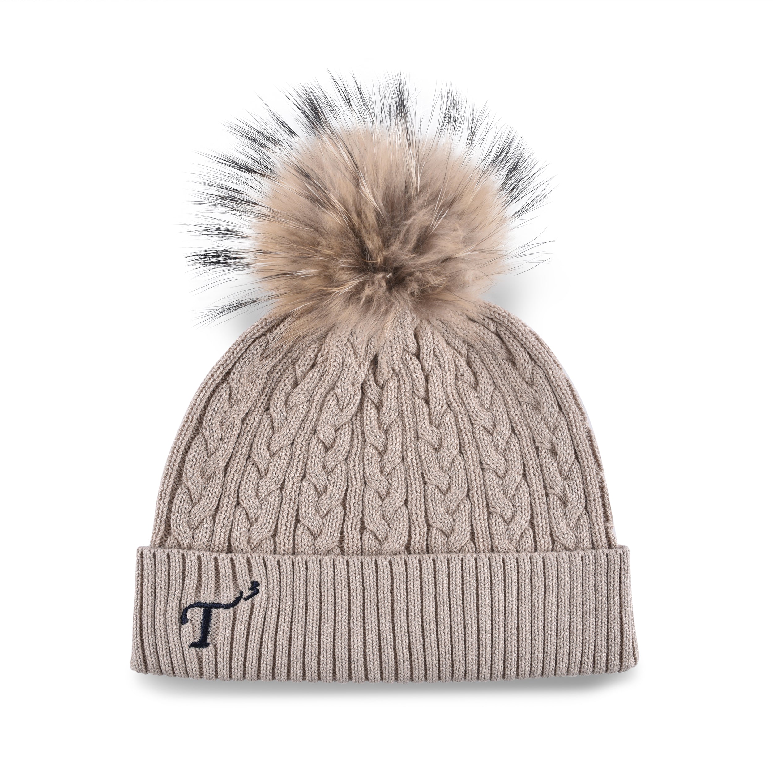 Women's beige, cotton, knitted, beanie with light brown faux fur pom top and navy, embroidered T3 logo.