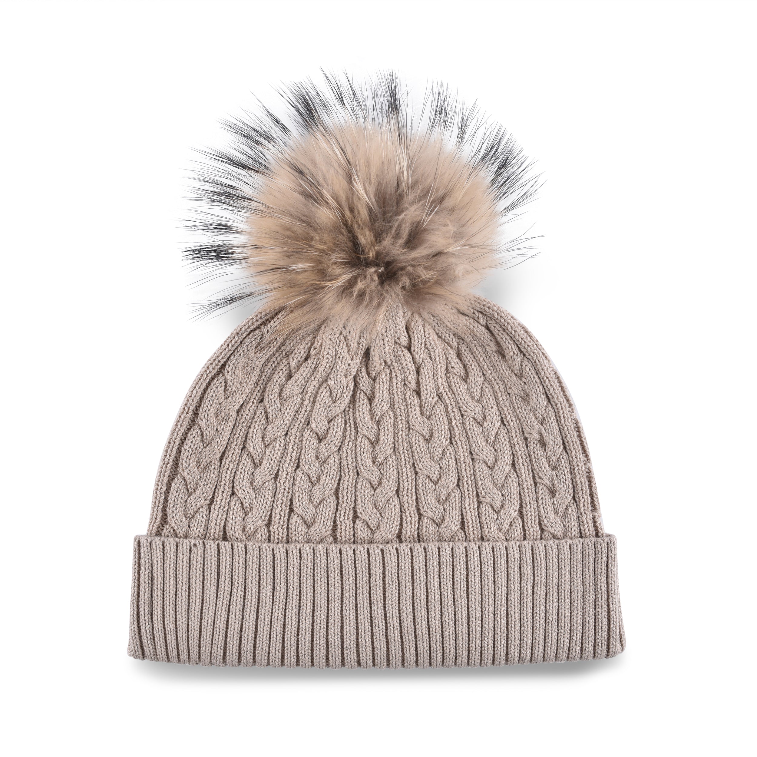 Women's beige, cotton, knitted, beanie with light brown fur pom top.