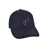 Women's small-fit performance ball cap. Navy with pink embroidered T3 logo. Right 45 degree view.