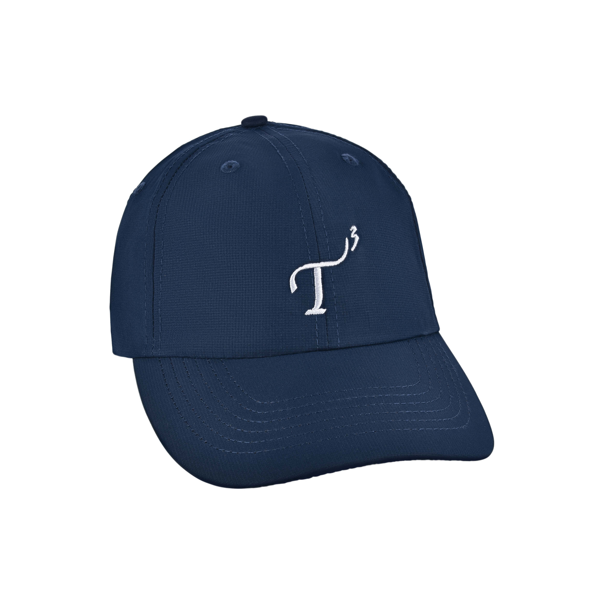 Women's small-fit performance ball cap. Navy with white embroidered T3 logo. Right 45 degree view.