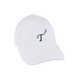 Women's small-fit performance ball cap. White with navy embroidered T3 logo. Right 45 degree view.