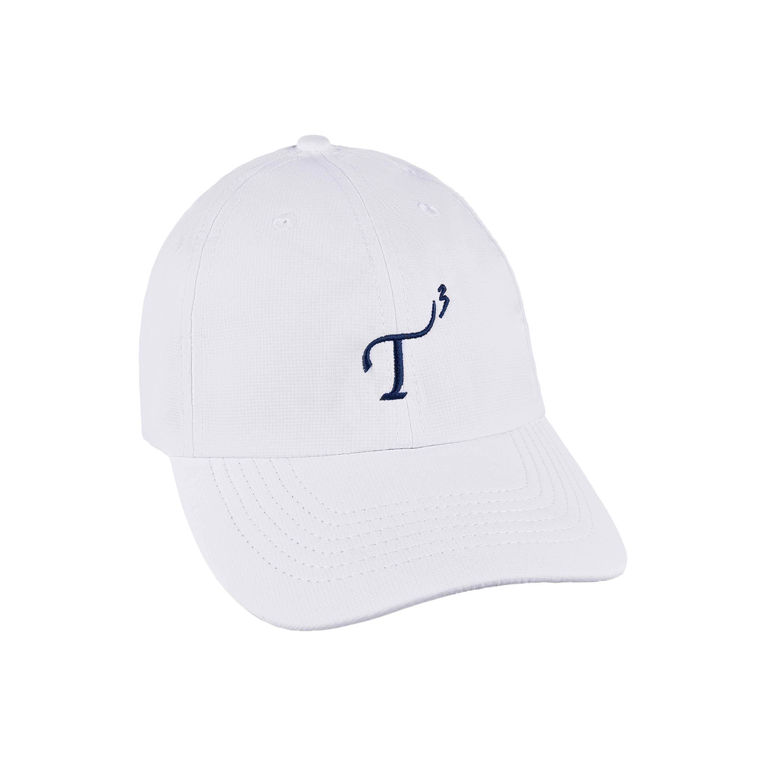 Women's small-fit performance ball cap. White with navy embroidered T3 logo. Right 45 degree view.