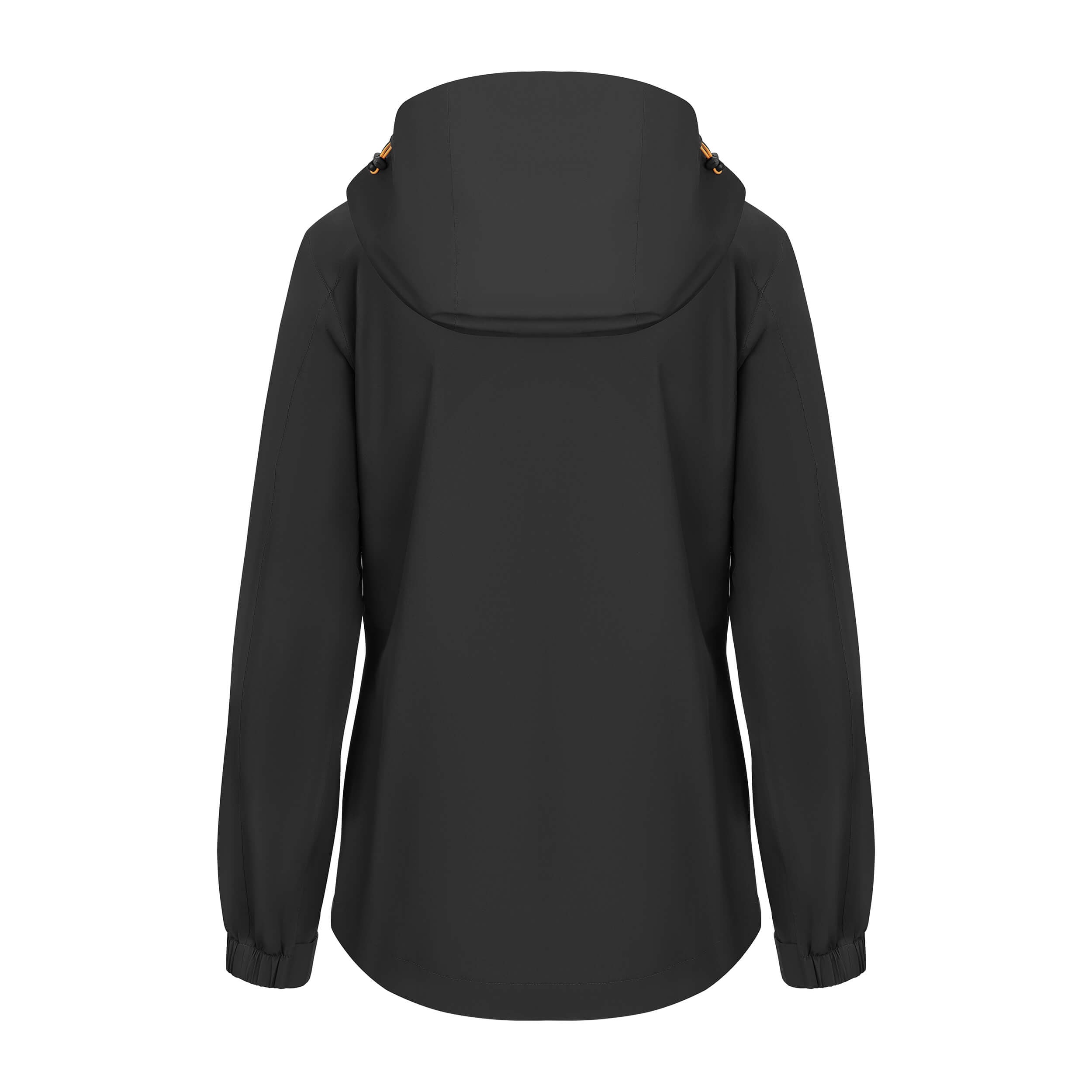 Women's Sport, Lightweight Rain Jacket with Hood, Black/Orange. Back view.
