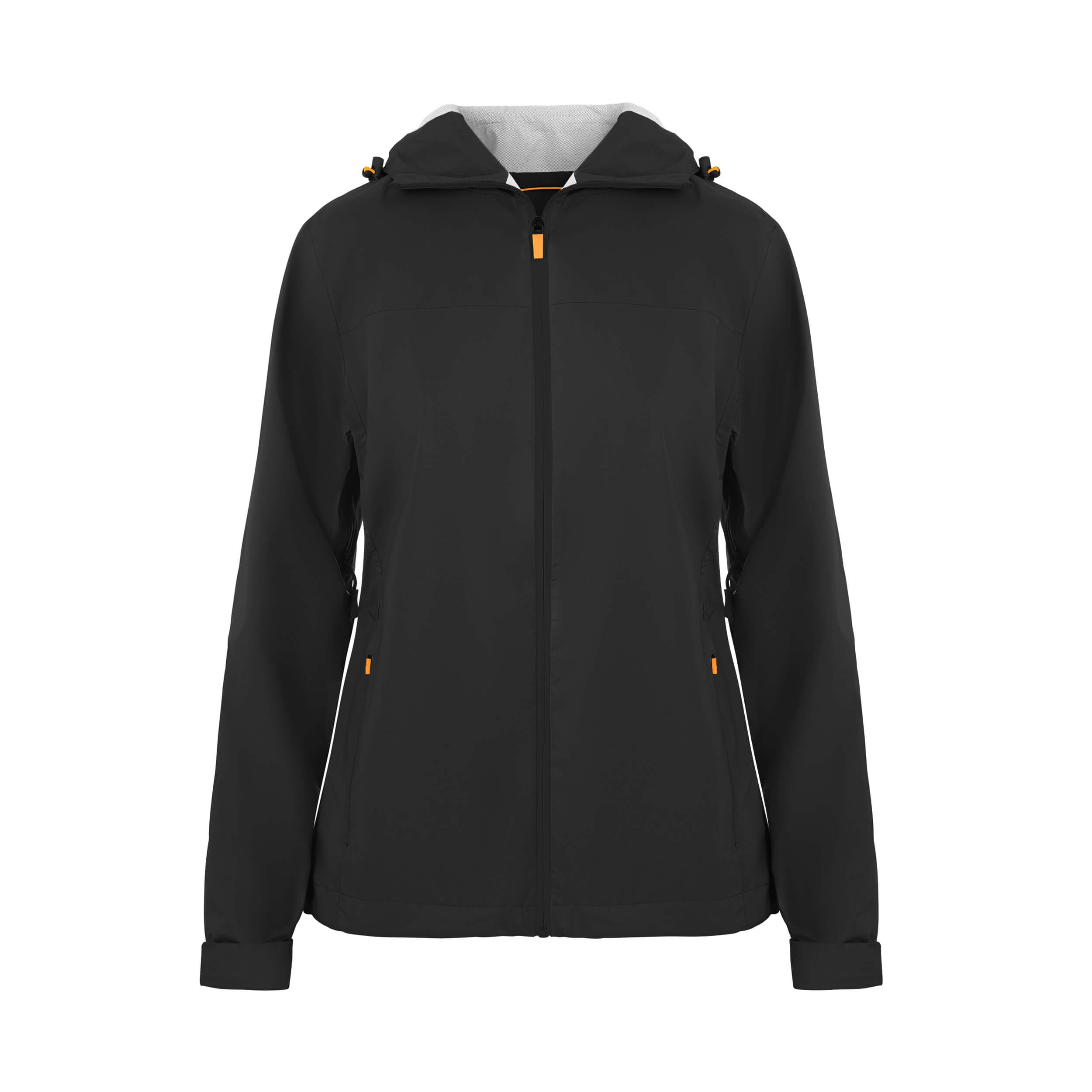 Women's Sport, Lightweight Rain Jacket with Hood, Black/Orange. Front view.