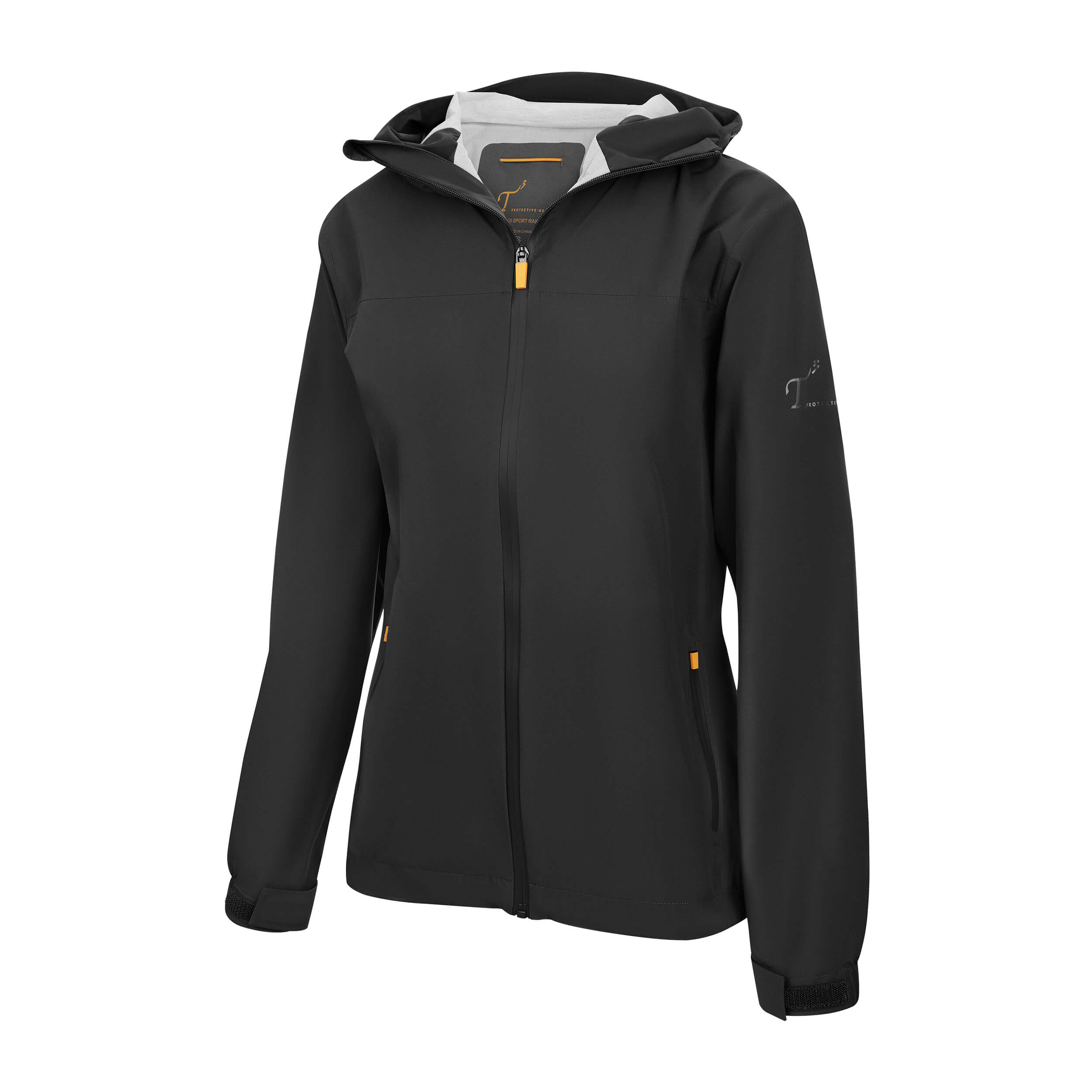 Women's Sport, Lightweight Rain Jacket with Hood, Black/Orange. Left 45 degree view.