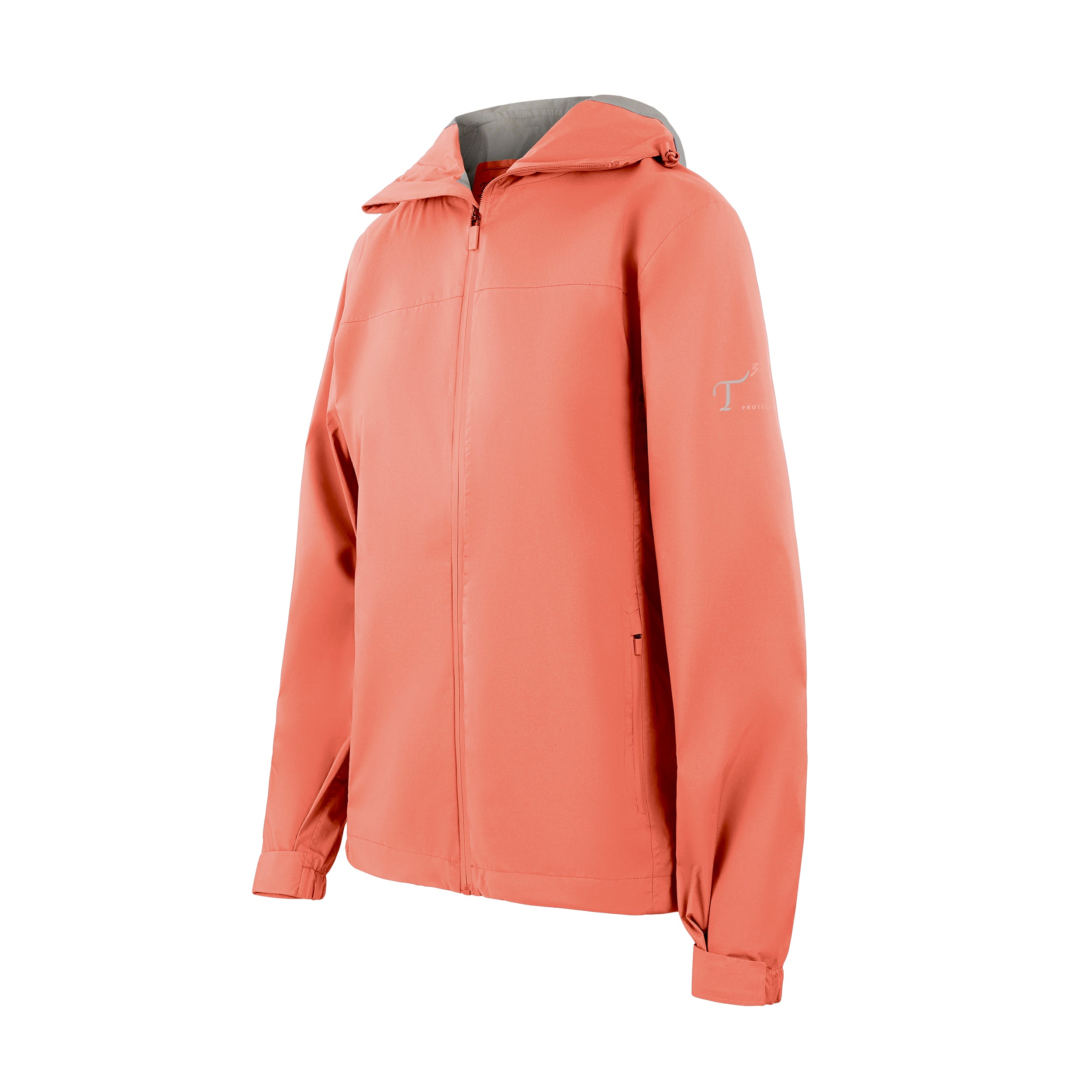 Women's Sport, Lightweight Rain Jacket with Hood, Coral. Left 45 degree view.