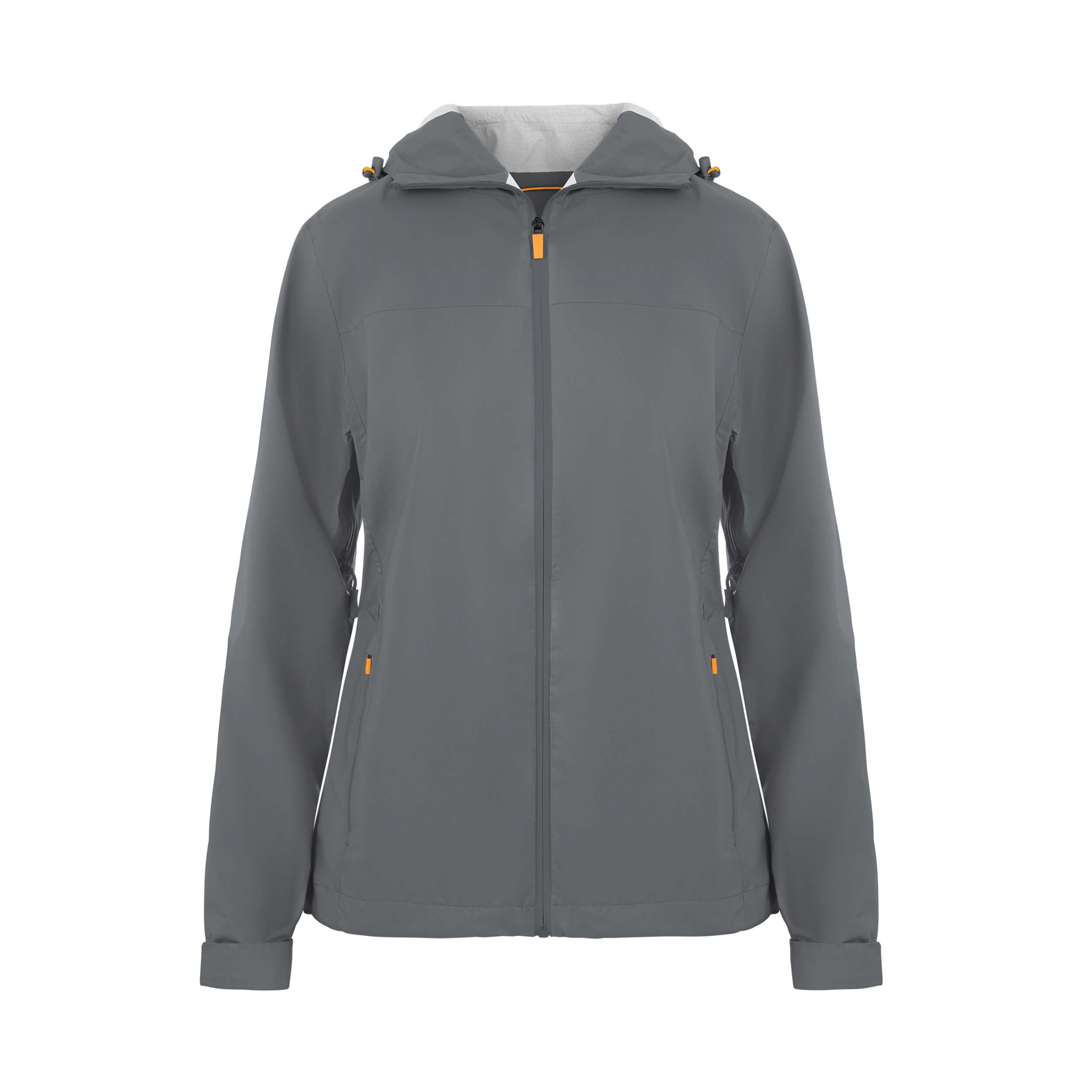 Women's Sport, Lightweight Rain Jacket with Hood, Smokey Gray/Orange. Front view.