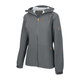 Women's Sport, Lightweight Rain Jacket with Hood, Smokey Gray/Orange. Left 45 degree view.