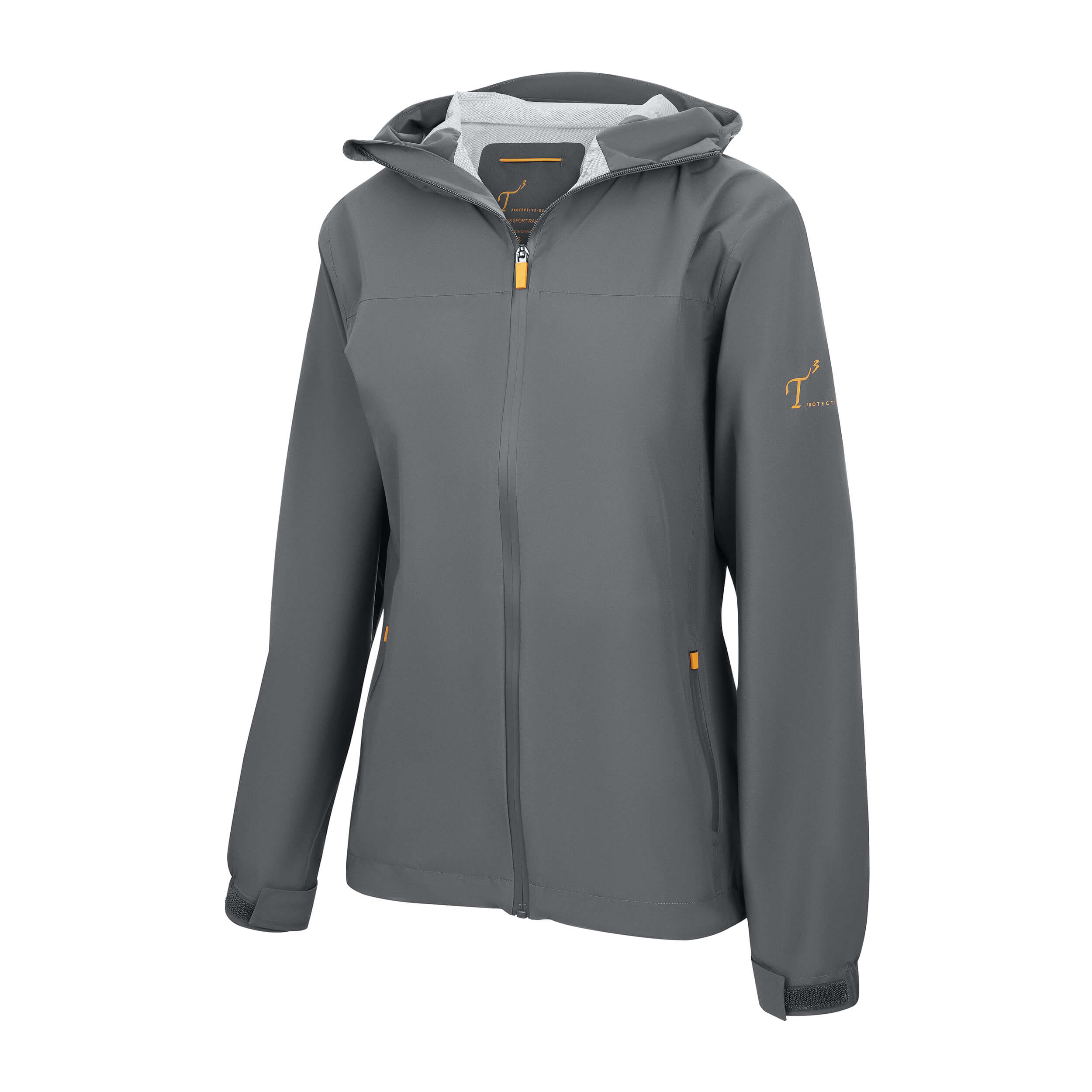 Women's Sport, Lightweight Rain Jacket with Hood, Smokey Gray/Orange. Left 45 degree view.