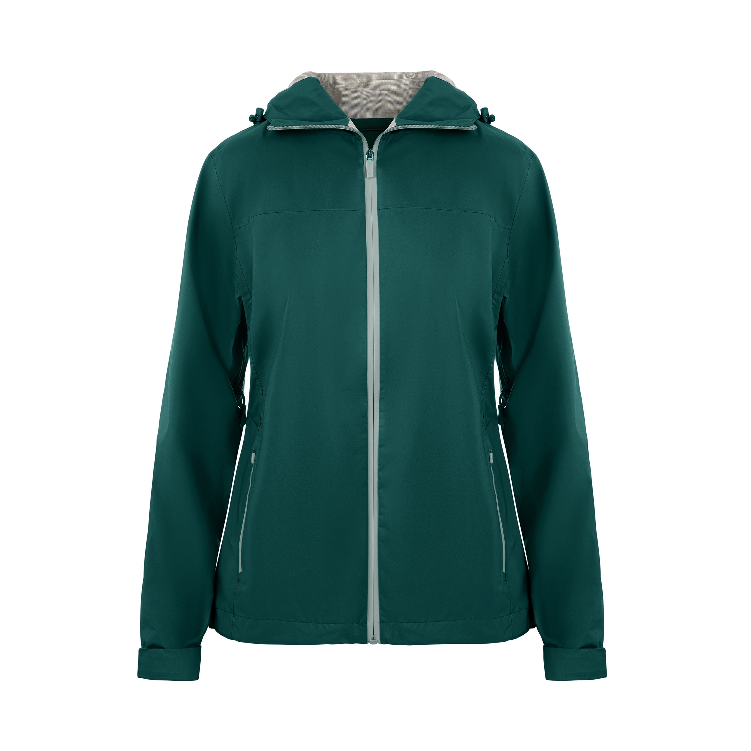 Women's Sport, Lightweight Rain Jacket with Hood, Teal Green. Front view.