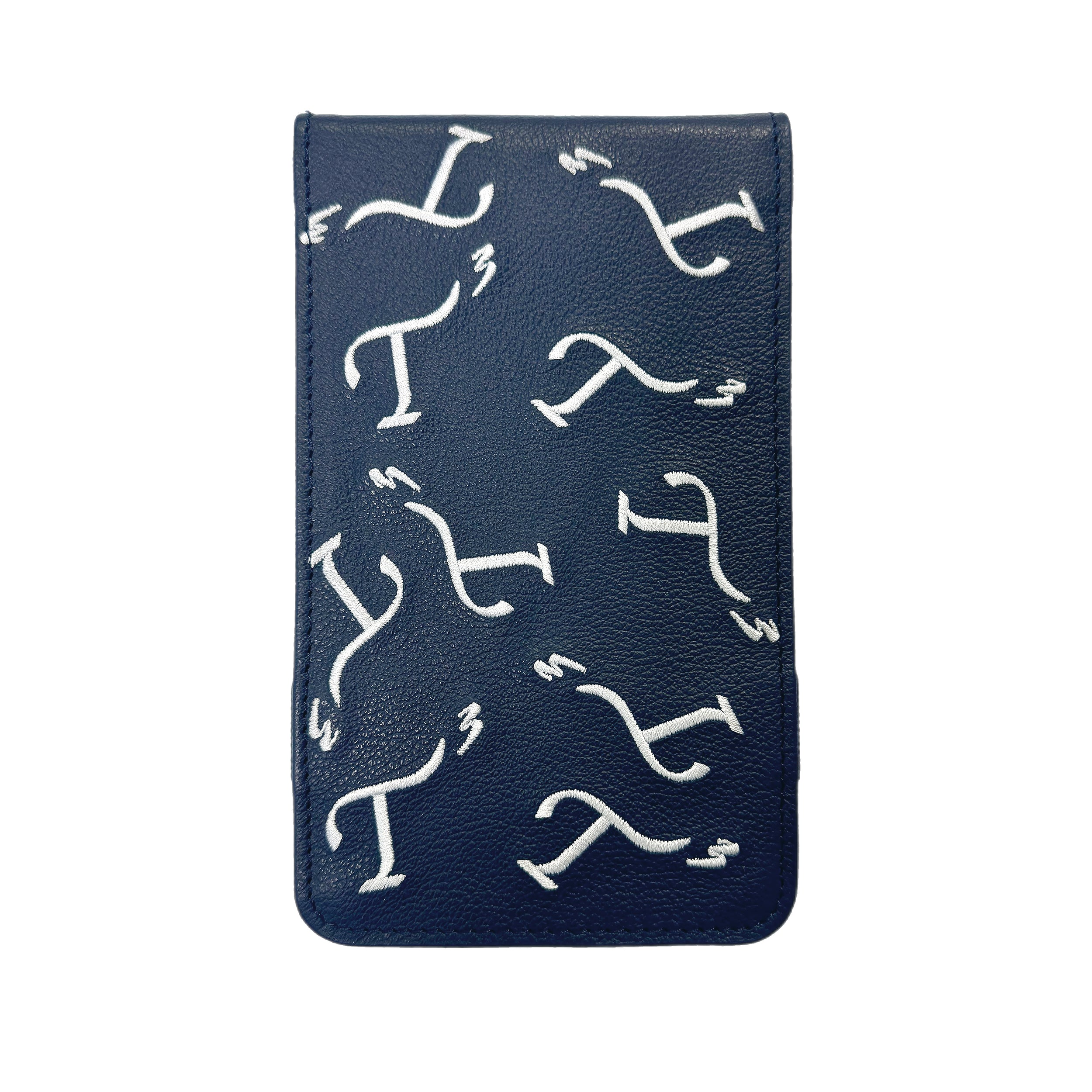 Navy leather golf yardage book cover with white embroidered T3 logo in a random pattern.