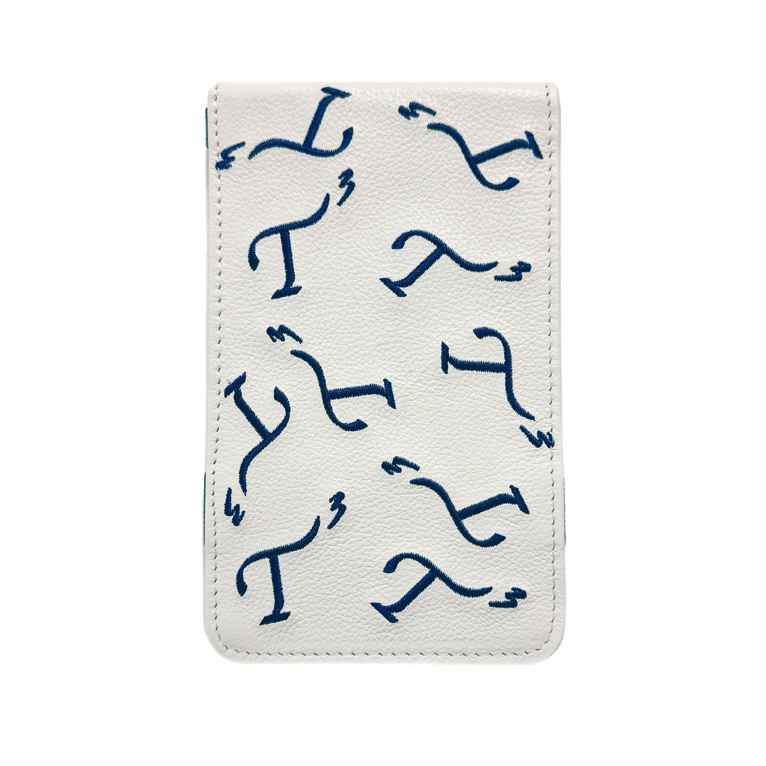 White leather golf yardage book cover with navy embroidered T3 logo in a random pattern.