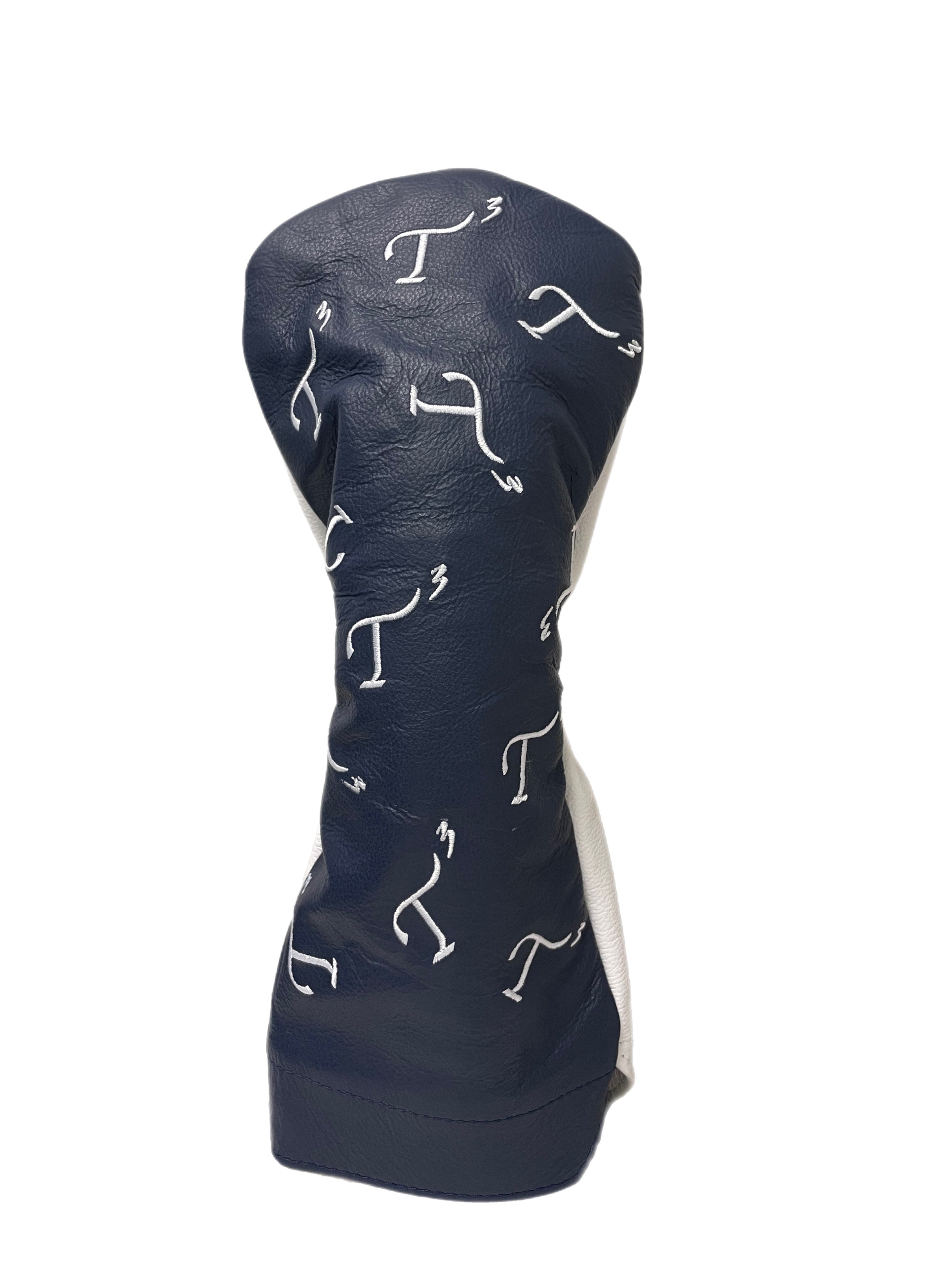 Navy leather Driver Head Cover with White Embroidered T3 Logo in a Randomized Pattern.