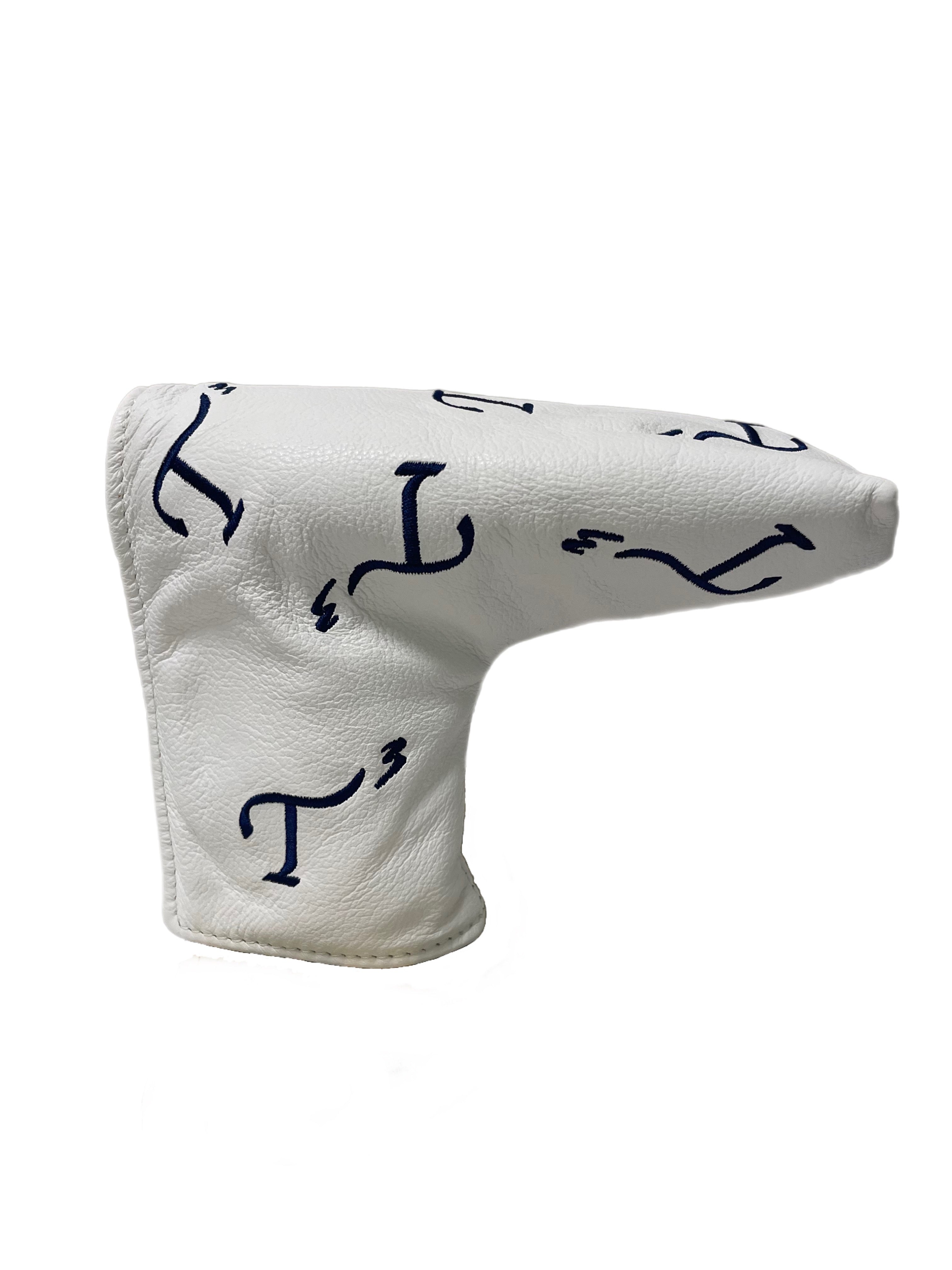White leather blade putter head cover with navy embroidered T3 logo in a randomized pattern
