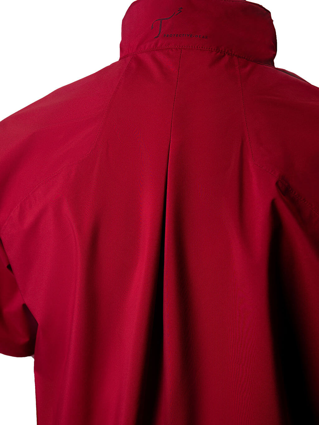 Red jacket with a brand logo on the collar against a white background