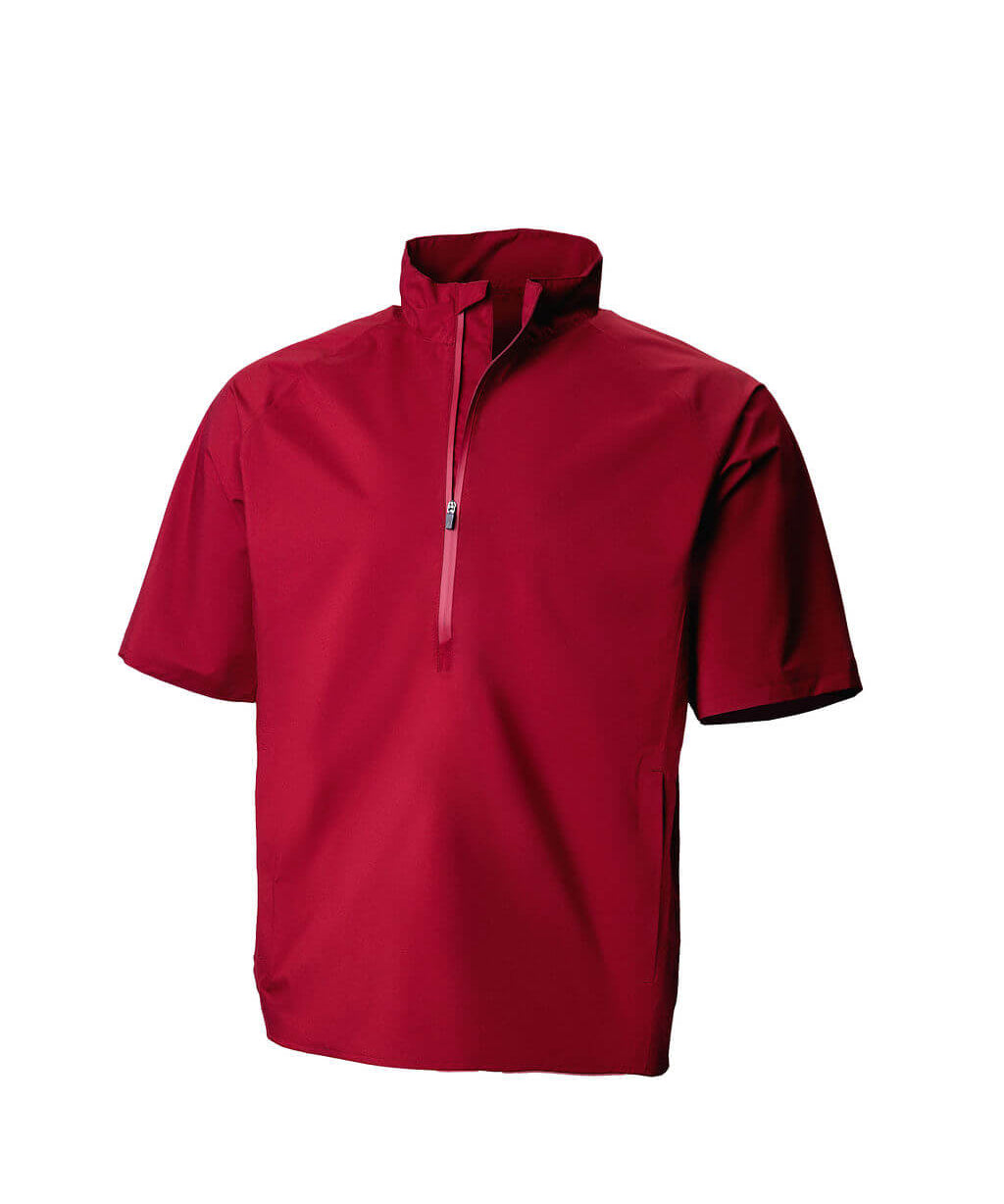 Red short-sleeve pullover with a half zip on a white background