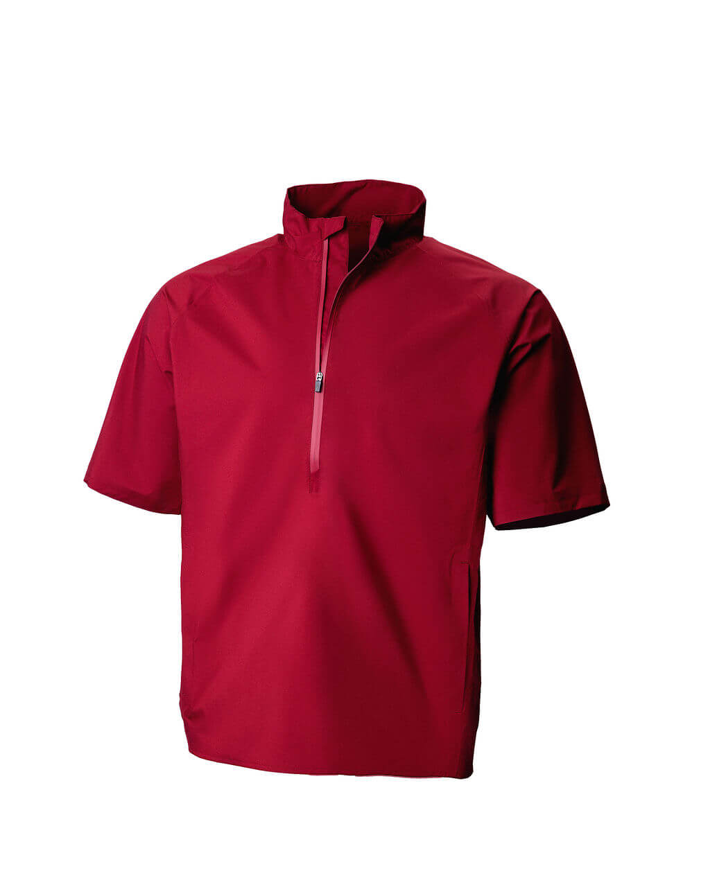 Red short-sleeve pullover with a half zip on a white background