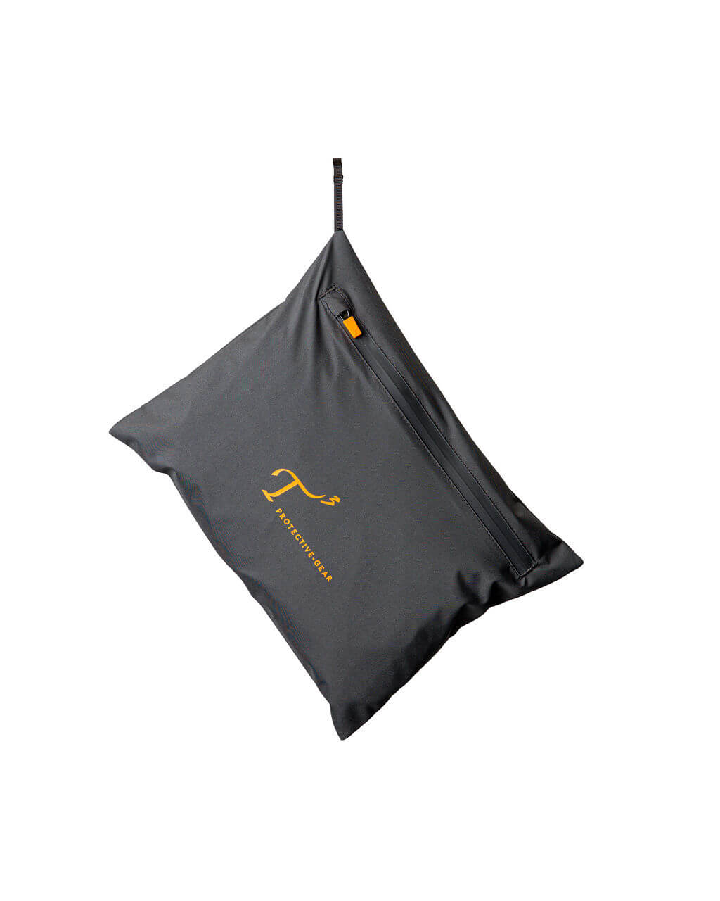 Gray pouch with an orange logo on a white background