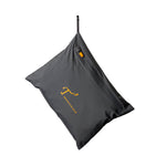 Gray pouch with an orange logo on a white background