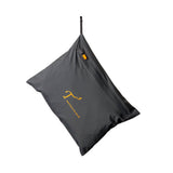 Gray pouch with an orange logo on a white background