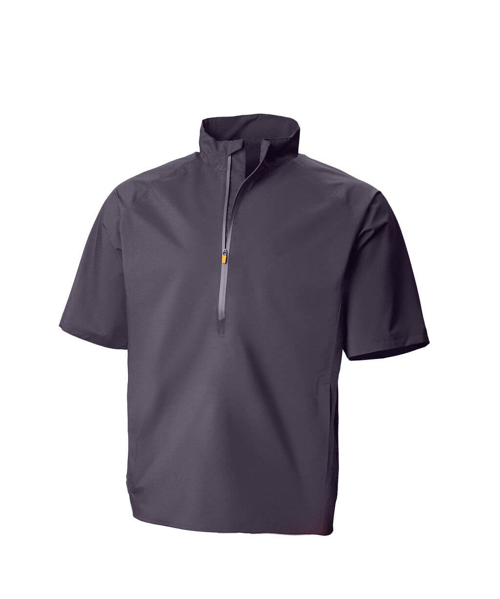Smokey gray short-sleeve pullover with a half zip on a white background