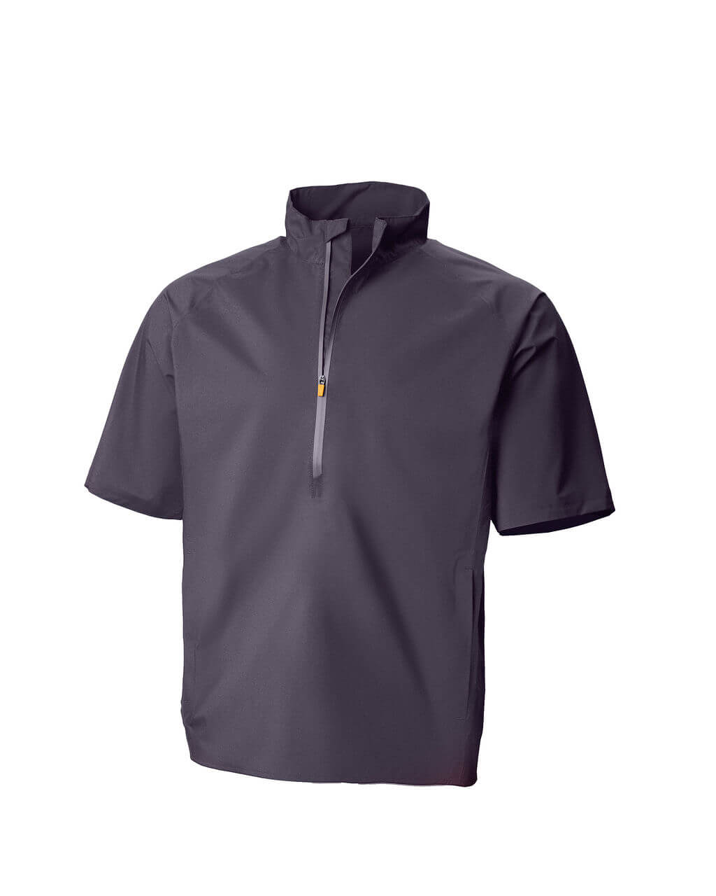 Smokey gray short-sleeve pullover with a half zip on a white background
