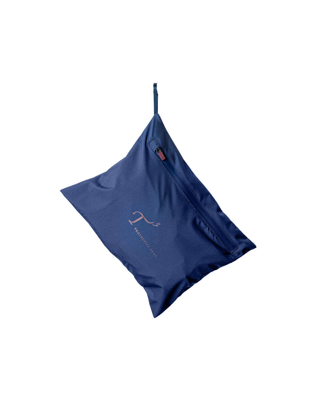 Blue hanging pouch with a logo on a white background