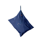 Blue hanging pouch with a logo on a white background