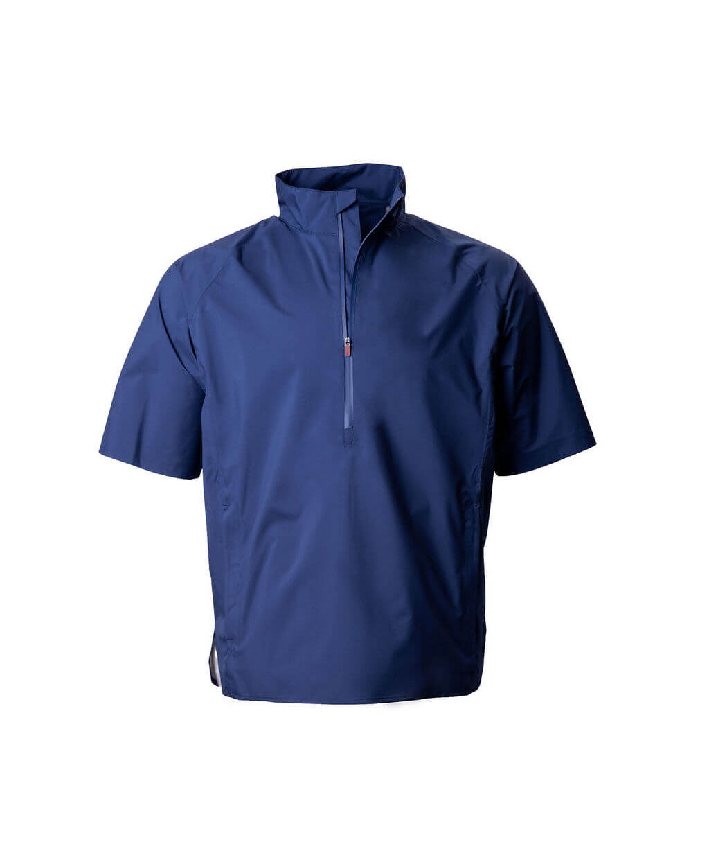 Blue short-sleeve pullover with a half zip on a white background