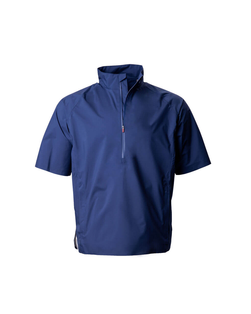Blue short-sleeve pullover with a half zip on a white background