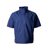 Blue short-sleeve pullover with a half zip on a white background