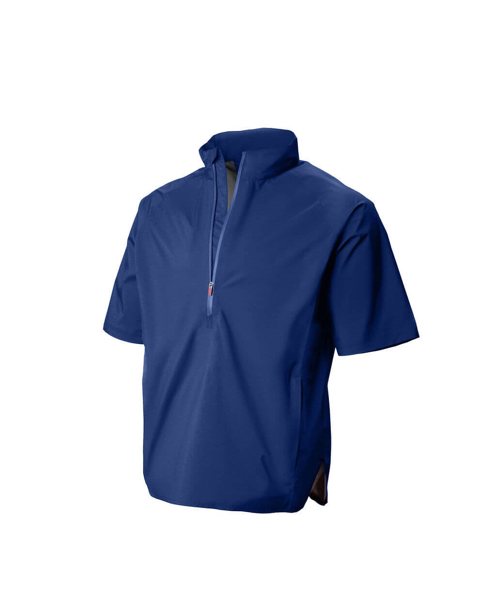 Blue short-sleeve shirt with a half zip on a white background
