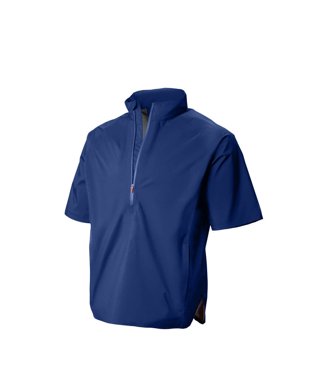 Blue short-sleeve shirt with a half zip on a white background