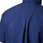 Blue jacket with a brand logo on the back against a white background