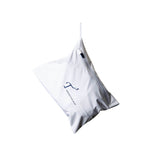 White pouch with a brand logo on a white background