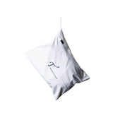 White pouch with a brand logo on a white background
