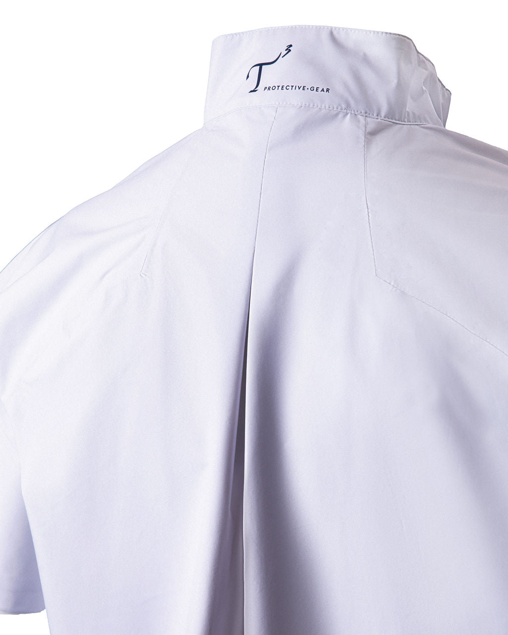 White protective jacket with a brand logo on the collar against a white background