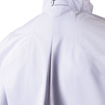 White protective jacket with a brand logo on the collar against a white background
