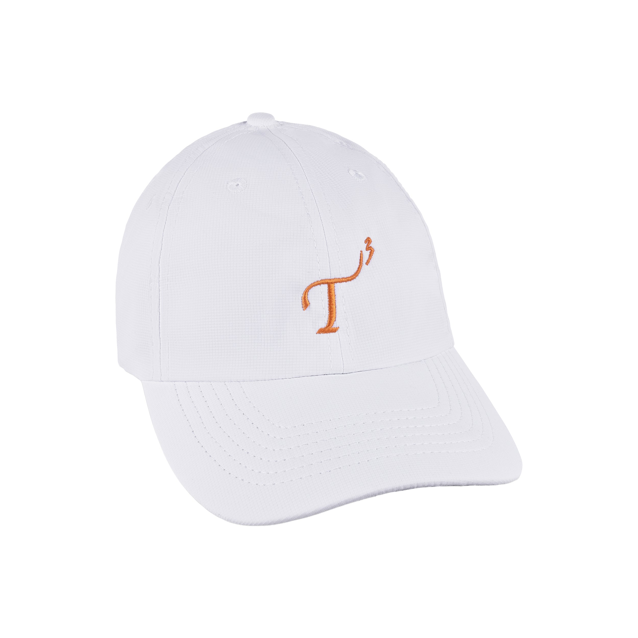 Men's lightweight performance ball cap. White with orange embroidered T3 logo. Right 45 degree view.