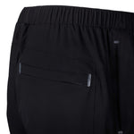 Close-up of black pants with a pocket on a white background