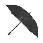 Black umbrella with gray T3 Protective Gear logo print. Side view.