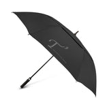 Black umbrella with gray T3 Protective Gear logo print. Side view.