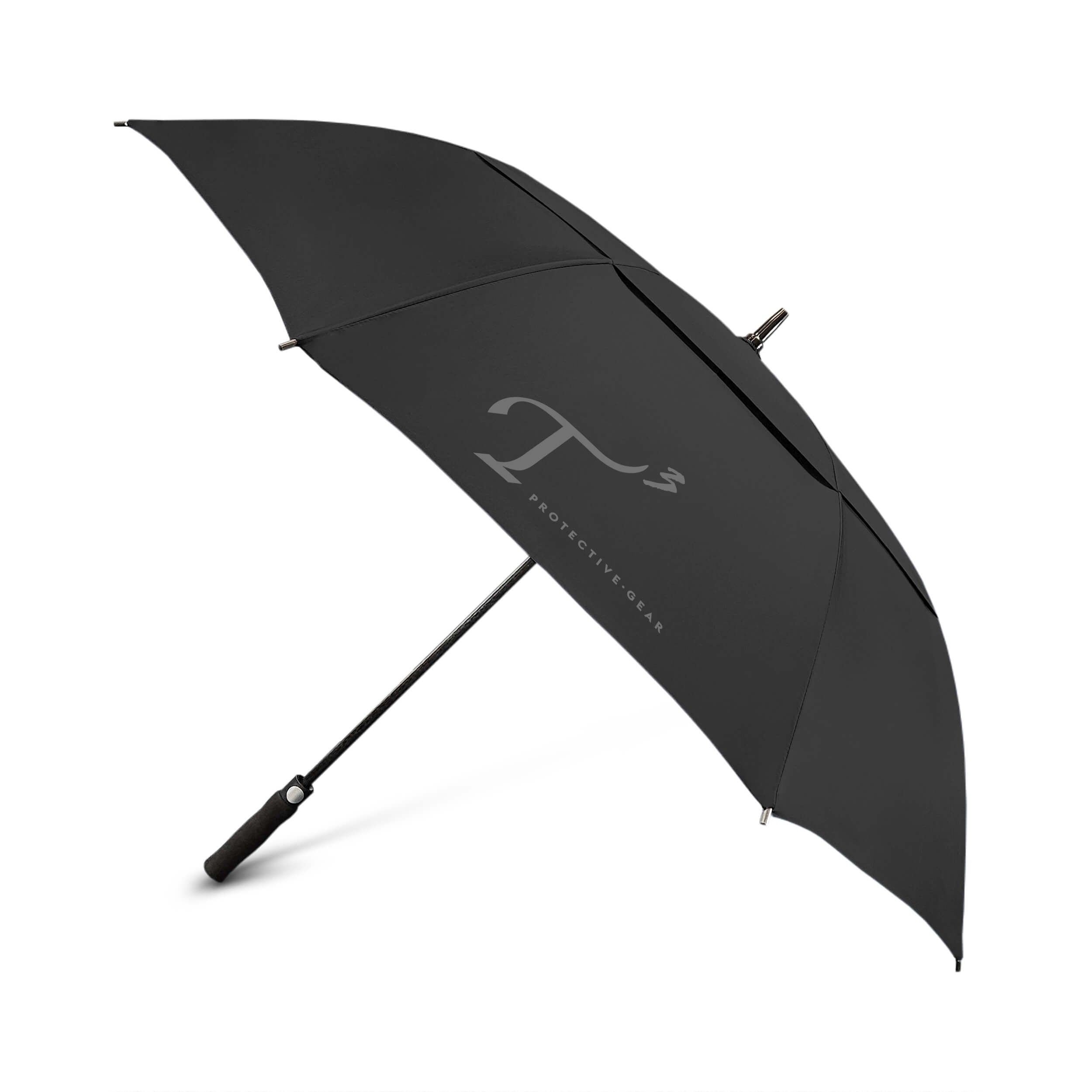Black umbrella with gray T3 Protective Gear logo print. Side view.